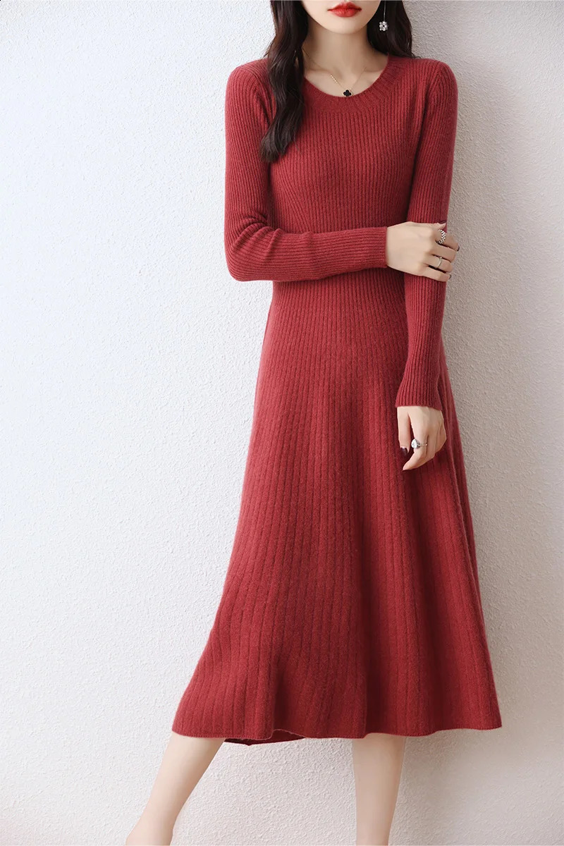 Womens Merino Wool Long Sweater Dress Round Neck Striped Thick Monochromatic 100% Merino Autumn Winter Official 250122