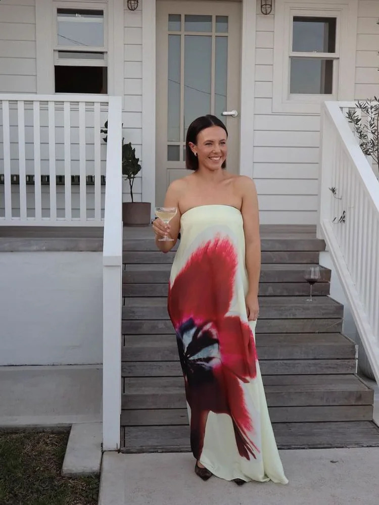 Strapless Back Belt Sleeveless Womens Long Dress Sexy Printed Backless Off Shoulder Dresses Summer Casual Vacation Beach Robes 250122
