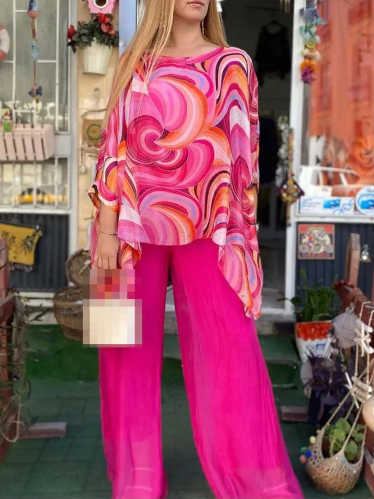 2024 Womens Summer Colorful Chiffon Set Casual Round Neck Printed Loose Two Piece 250122