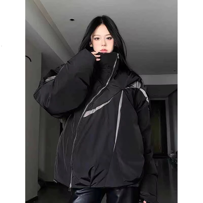 Y2k Fashion Patchwork Women Short Parkas Bf Korean Loose Streetwear Irregular Zipper Coat Stand Collar Long Sleeve Jackets