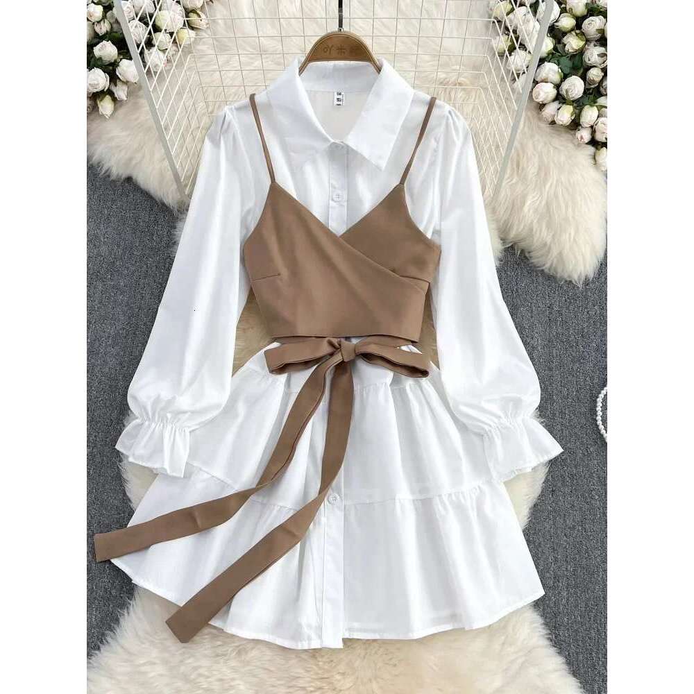 Spring Autumn New Fashion Casual Suit Female Korean Loose White Shirt Slim Vest Dress Two-Piece Set Gd786