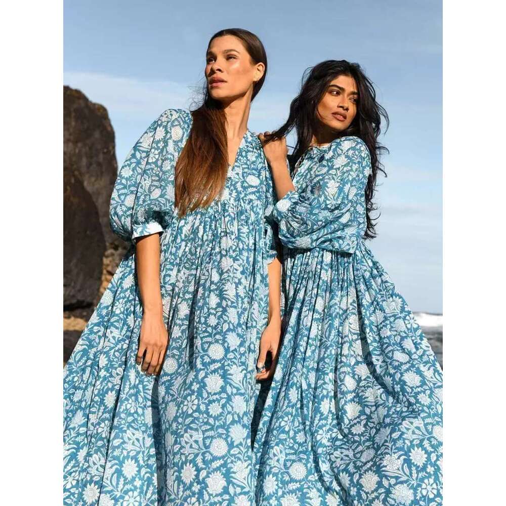 Spring Oversized Holiday V Collar Half Sleeve Loose Midi Large Size Casual Printing Long Dress Boho Vestidos