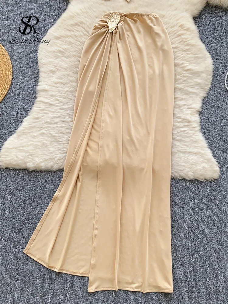 SINGREENY Vacation Styles Female Beach Skirt Sets Strapless Tank TopSplit Skirt Suit Fashion Fold Solid sexy long bikini swimsuit 250110