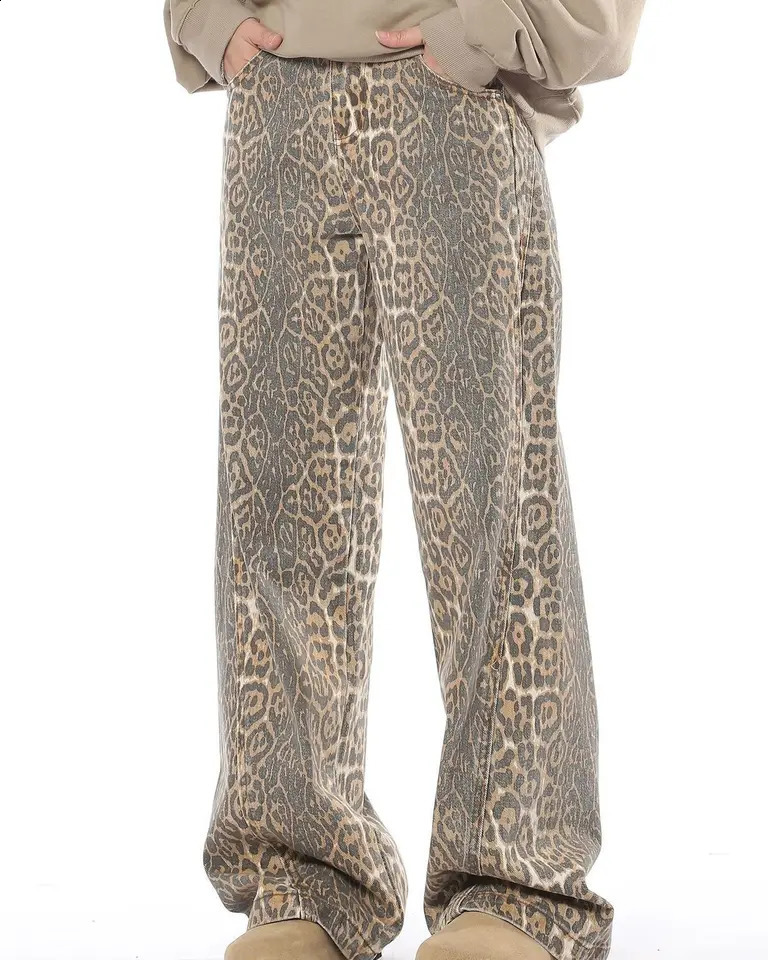 Vintage Leopard Print Jeans Men Spring Autumn Oversize Casual Hip Pop Wide Leg Trouser Trend High Waist Panther Denim Pants y2k 250120