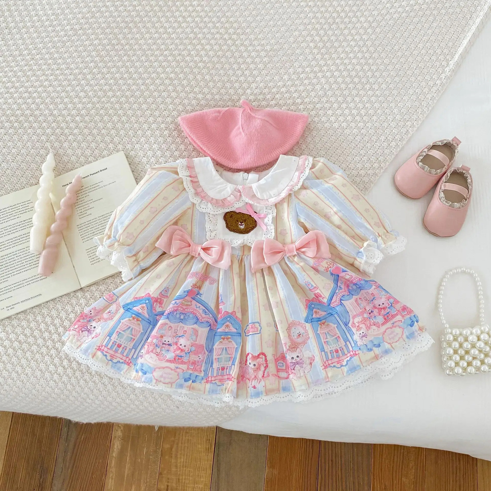 Girls Princess Lolita Dress Spring Autumn 06 Year Old Long Sleeve Baby Castle Knotbow Printed Kids 250117