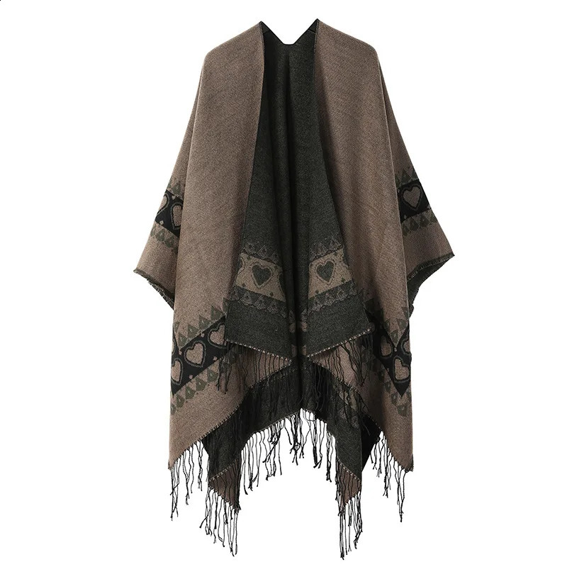 Poncho Split Warm Shawl Vintage Ethnic Style Scarf Cashmere Tassel Women Cape Lady Cloak Warm Coat Khaki 250121