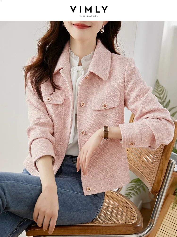 VIMLY Pink Texture Tweed Cropped Spring Jacket for Women Short Coat Lapel Long Sleeve Outerwear Female Clothes V7669 250122