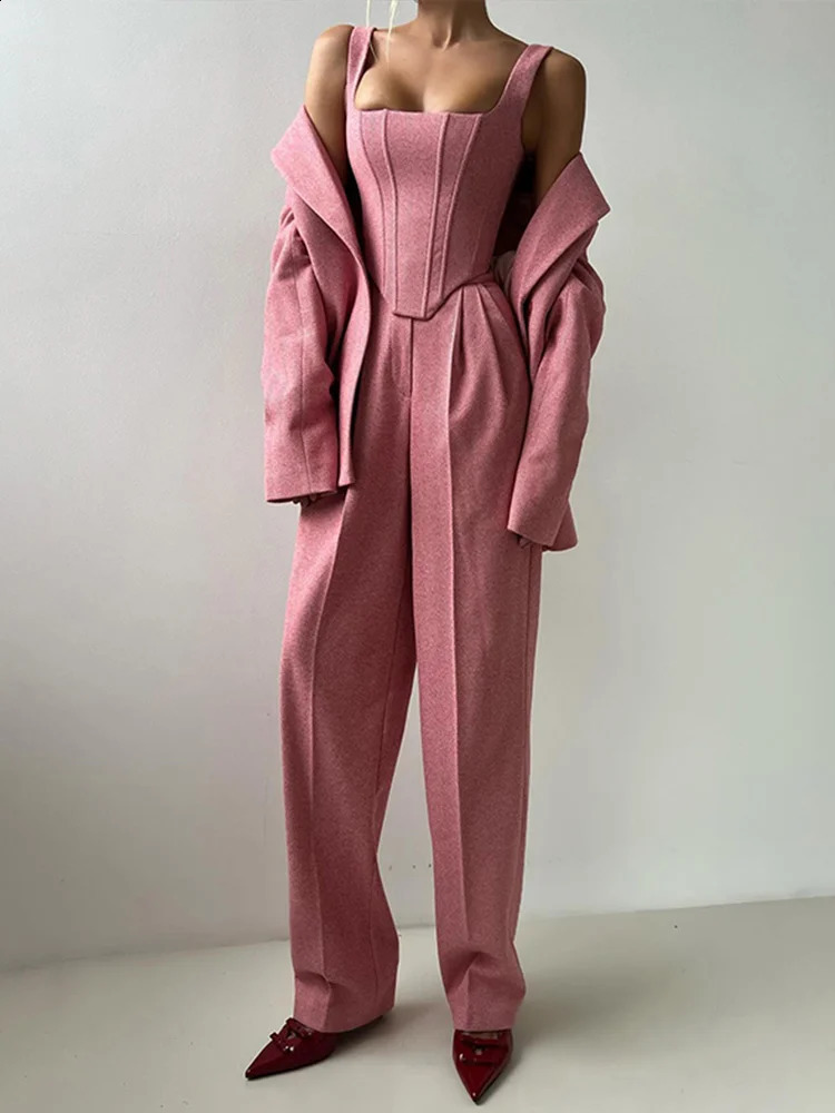 Elegant solid pants set 3-piece womens long sleeved jacket with zipper vest top waist wide Trousers city womens set 250118