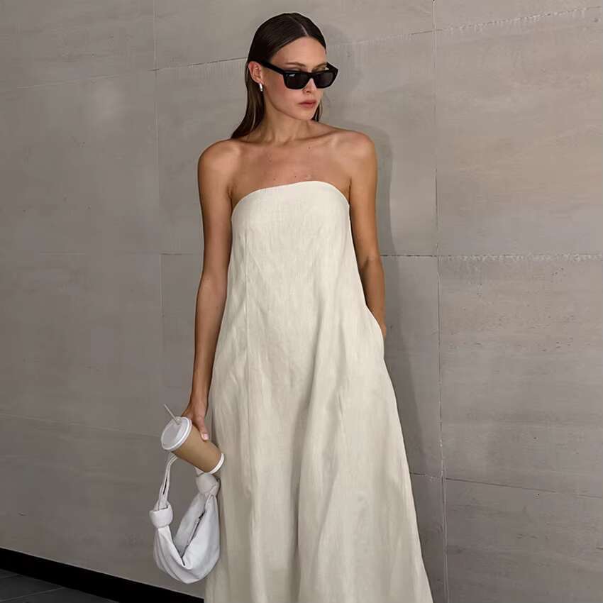 Solid Color Elegant New Off Shoulder Sleeveless Backless Pocket Long Lady Summer Casual Holiday Strapless Dress