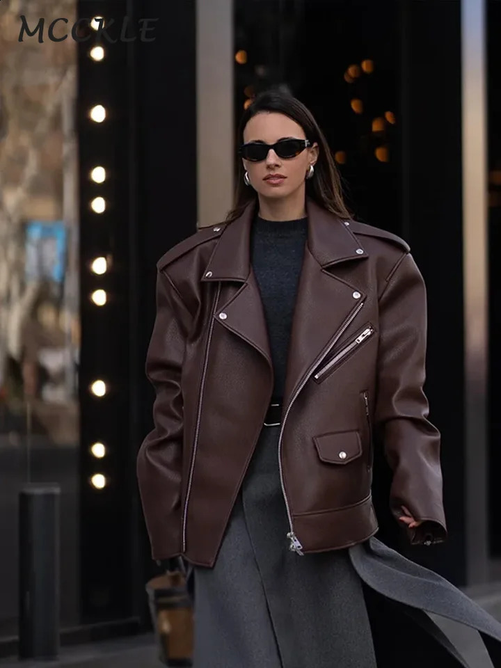 Street Zippers Leather Women Jacket Lapel Full Sleeves Pockets Buttons PU Female Jackets 2024 Autumn Fashion Casual Lady Coats 250113