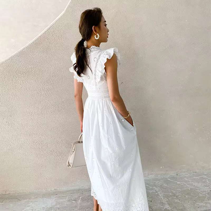 Summer White New Ladies Embroidery Midi Dress V-Neck High Waist Cotton Long Dresses Button Up Lace Boho Vestidos