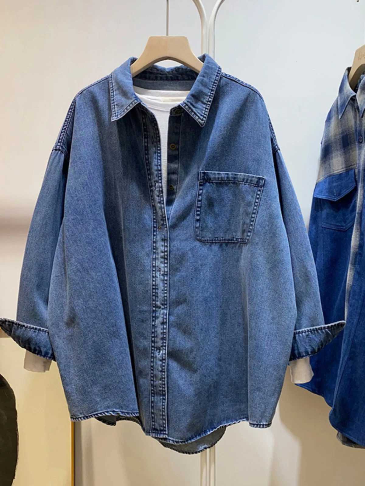 French Style Retro Denim Shirts Women Spring Autumn Turn-down Collar Long Sleeve Loose Thin Jacket Leisure Female Blouse Tops M250121