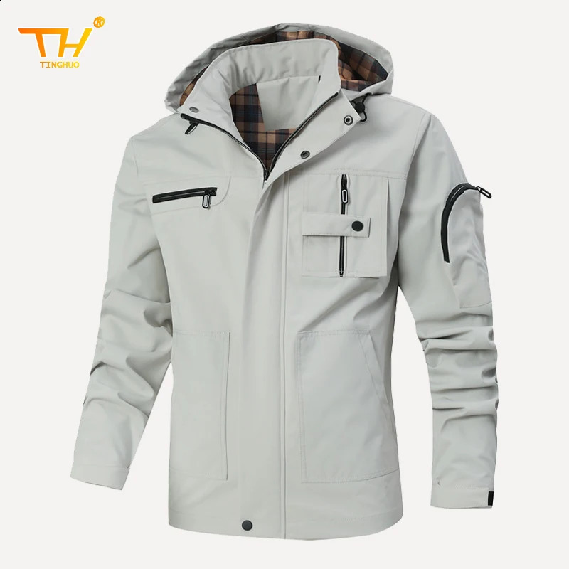 TINGHUO Jacket Mens spring and autumn cargo multi-pocket plaid mens jacket breathable windproof zipper long sleeve Coats 250117