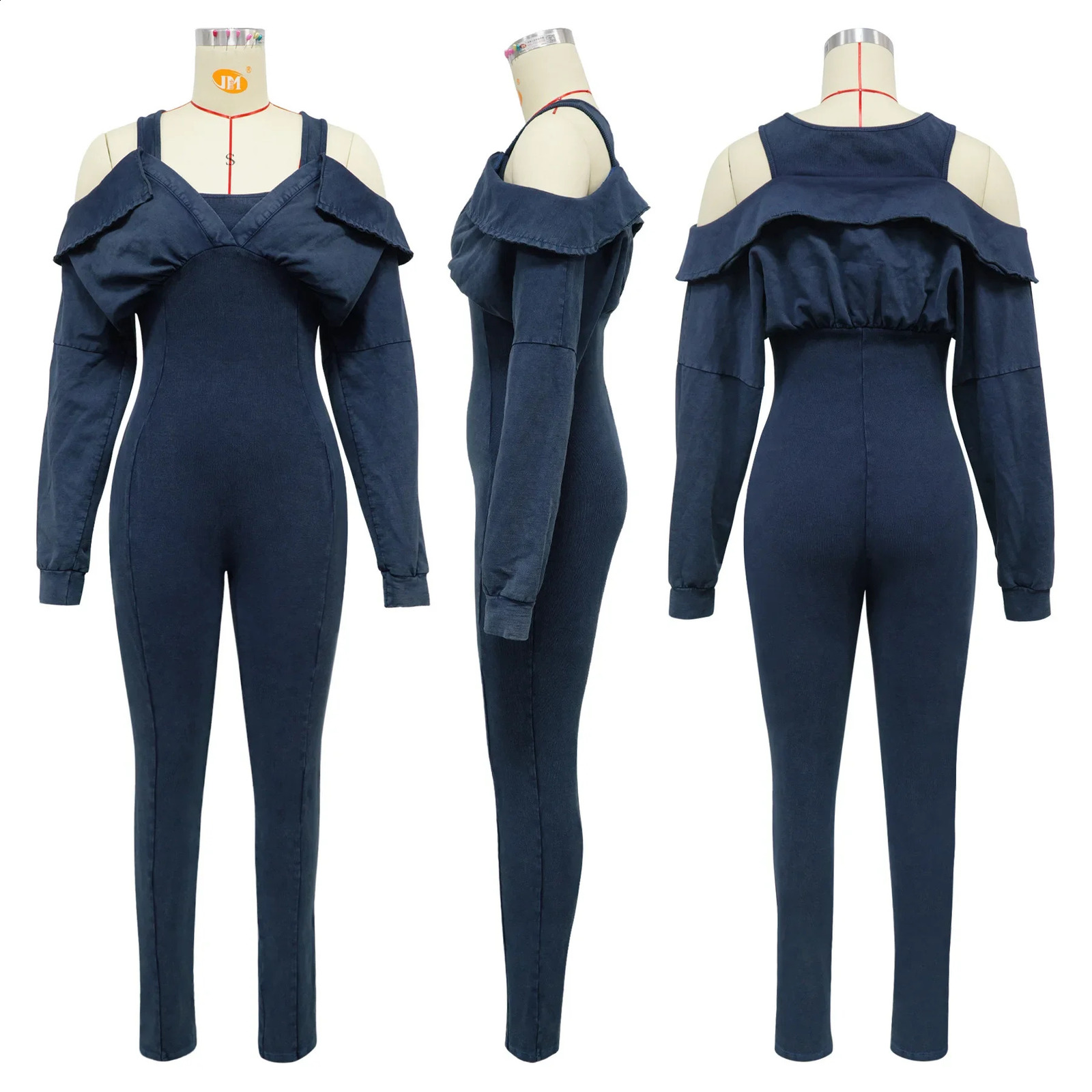 CM.YAYA Fashion Women Knit Ribbed Long Sleeve Moto Biker Jumpsuits Strap Autumn Washed Streetwear Slim One Piece Suit Romper 250109