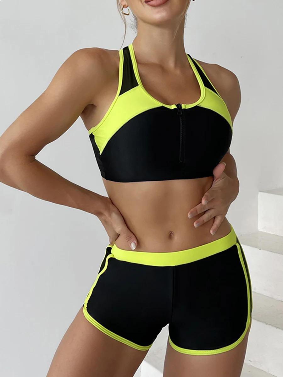 Zipper Bikini Set Two Piece Swimsuit Women With Shorts Sports Swimwear Female Bathing Swimming Suit Beach Wear Summer 250122