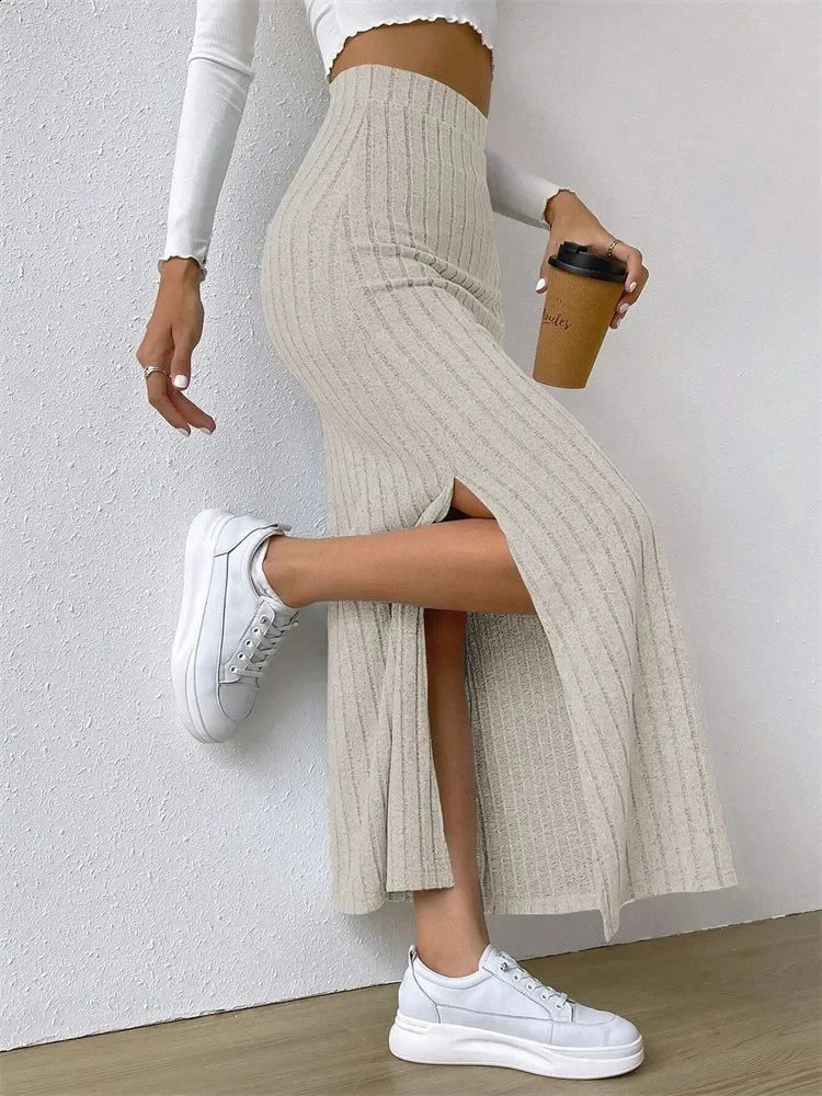 Women Ribknit Side Split Maxi Skirt Autumn Spring Casual Elegant High Waist Straight 250110Z