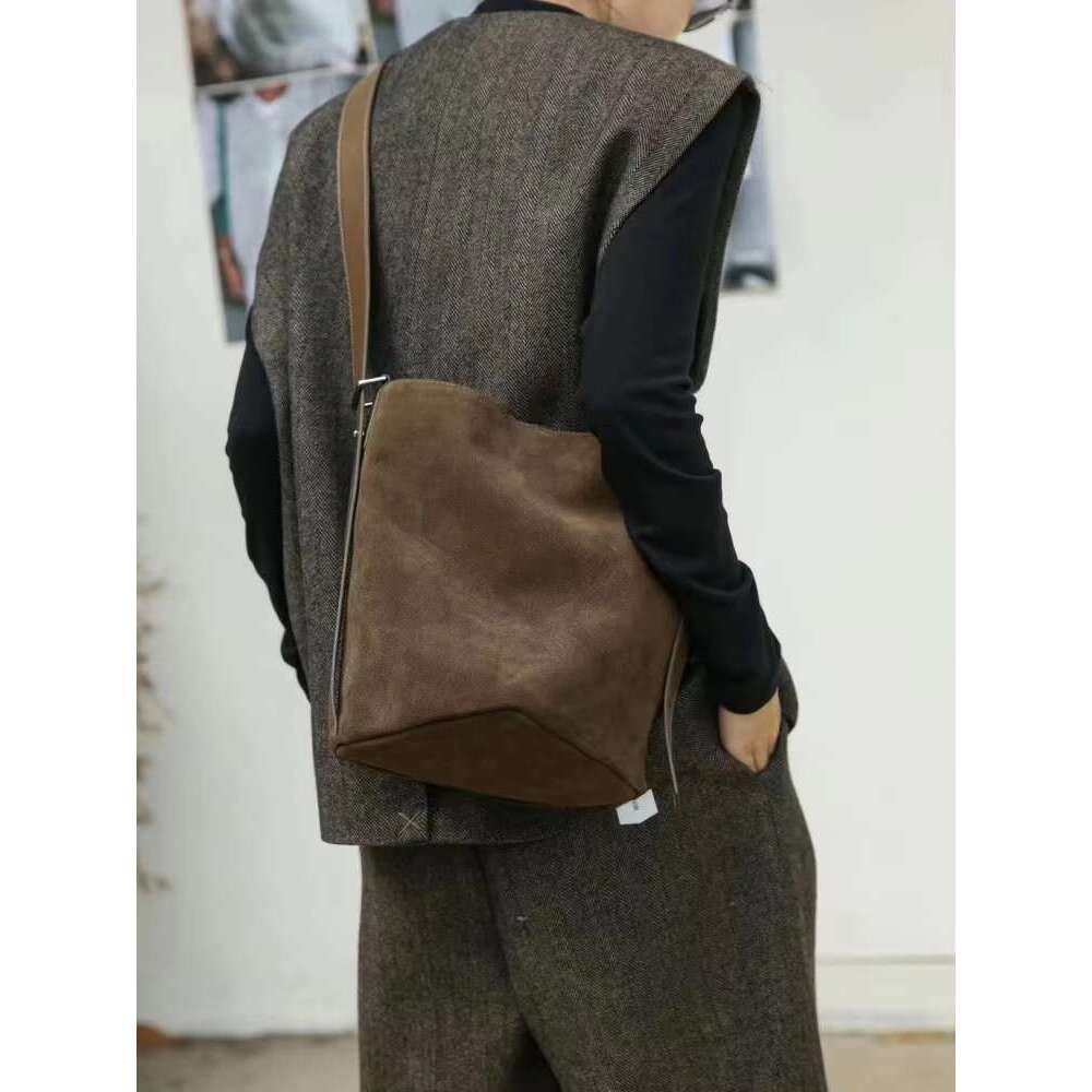Vintage Cow Suede Bucket Women Single Shoulder New Autumn Winter Solid Color Office Ladies Handbag Casual Messenger Bag