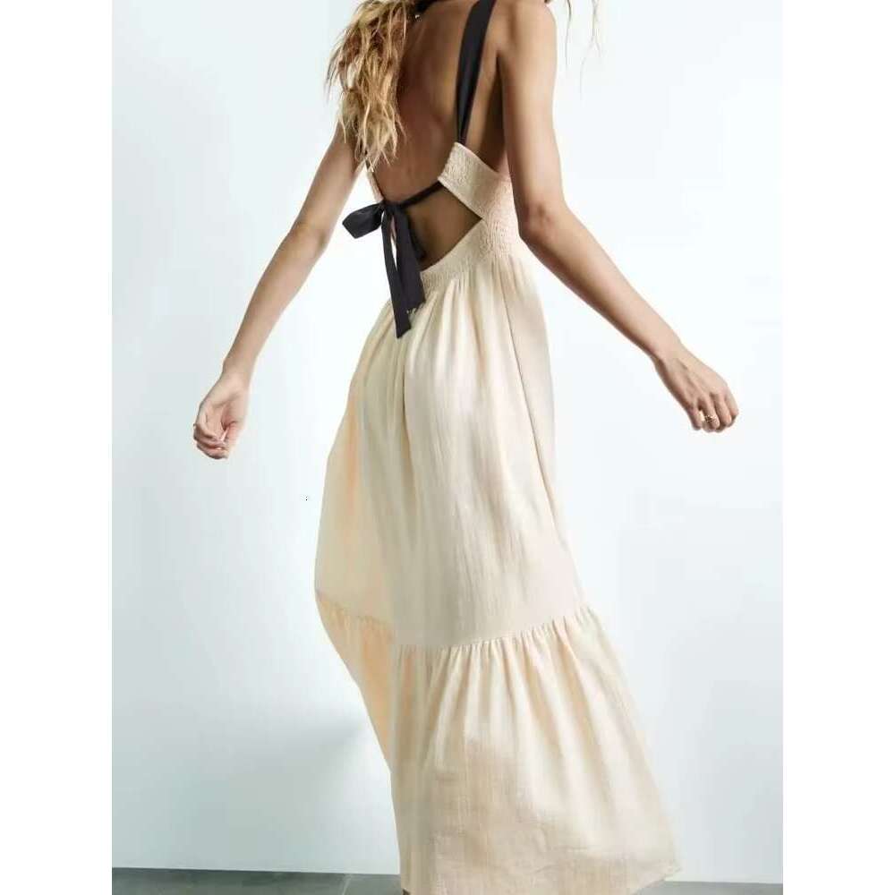 New Cotton Maxi Open Back Cross Sleeveless Holiday Solid Color Lace Up Ankle Length Dress Mujer Vestidos