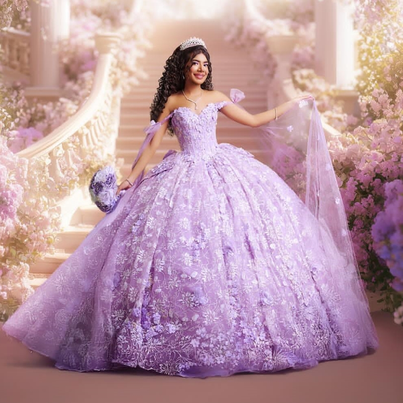 Lilac Quinceanera Dresses Ball Gown Off Shoulder Sequin Appliques Lace Beading Crystal Flower Tull Corset Birthday Party Sweet 16 Dress Vestidos 15 De