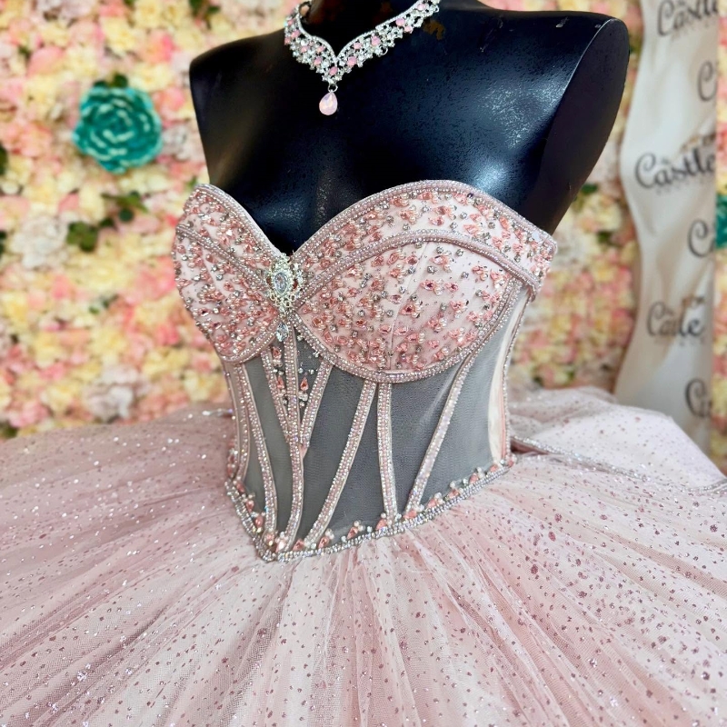 Pink Quinceanera Dresses Ball Gown Off Shoulder Bow Beading Crystal Tull Corset Birthday Party Sweet 16 Dress Vestidos 15 De Anos