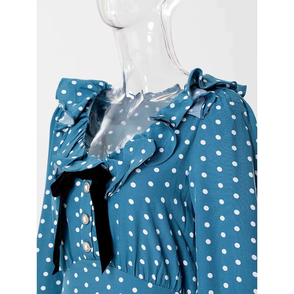 Polk Dot Print Midi New Sleeve U Collar Slim Elegant Bow Decor Ruffle Dresses Casual Fashion Long Dress