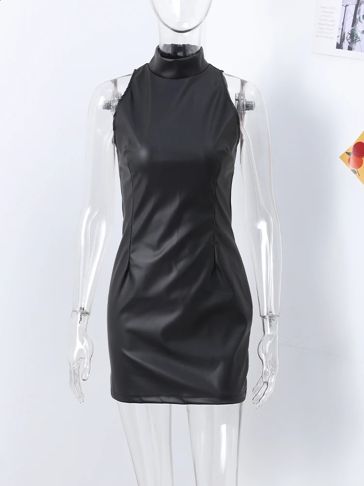 Fashion PU Leather Mini Dress Women Elegant Stand Collar Bodycon Short Party Dress Female Sexy Slim Sleeveless Evening Dresses 250122
