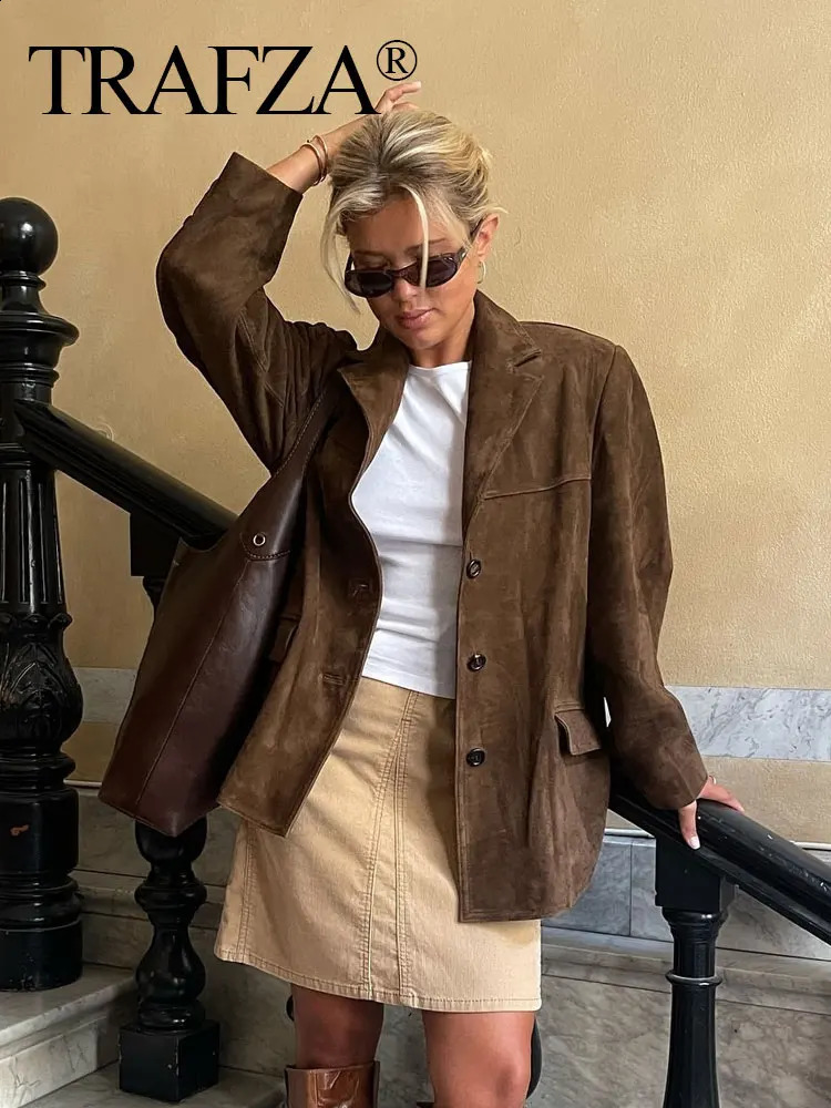 TRAFZA Trendy Suede Blazer For Women Autumn Causal Solid Color Single Breasted With Pockets Long Sleeves Lapel Retro Coats 250109