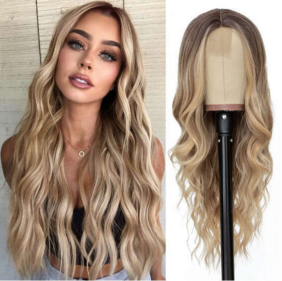Lace Front Wig Cover T Shape Cross Dyed Gradient Headpiece Wig For Women Mid Split Long Curly Hair With Big Waves Lace Front