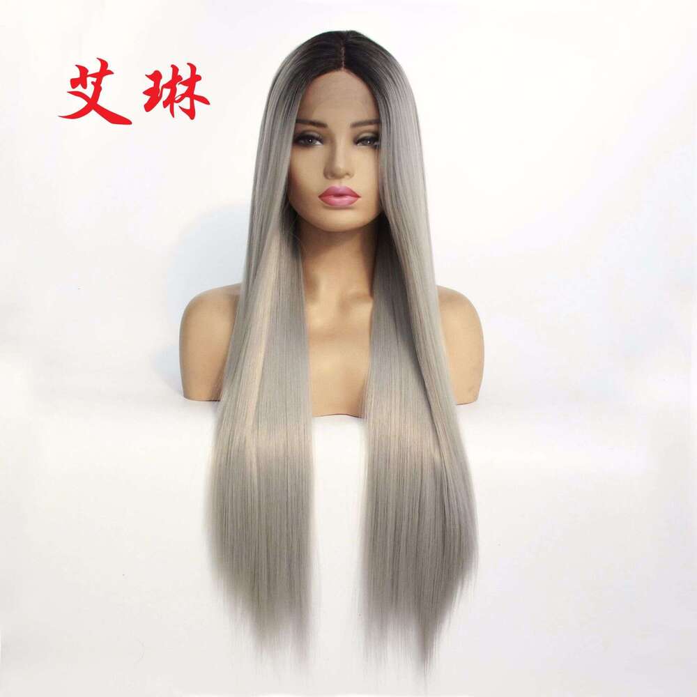 Lace Front Wig Cover T Shape Black Gradient Medium Grey Long Straight Hair Wig Synthetic Front Lace Half Hand Hook Head Cover Fashionable