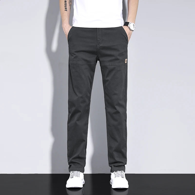 Spring Highquality Pure Cotton Casual Slim Pants Mens All Match Loose Straight Long Man y Clothing Grey Khaki 250110