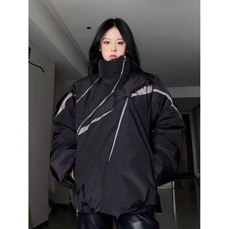 Y2k Fashion Patchwork Women Short Parkas Bf Korean Loose Streetwear Irregular Zipper Coat Stand Collar Long Sleeve Jackets