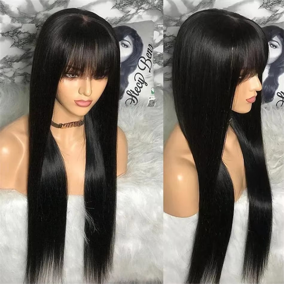 100% Human Hair Wig With Bangs Short Bob lace frontal Wigs For Black Women 150% density Brazilian silky straight 30 Inch Long Fringe Wig