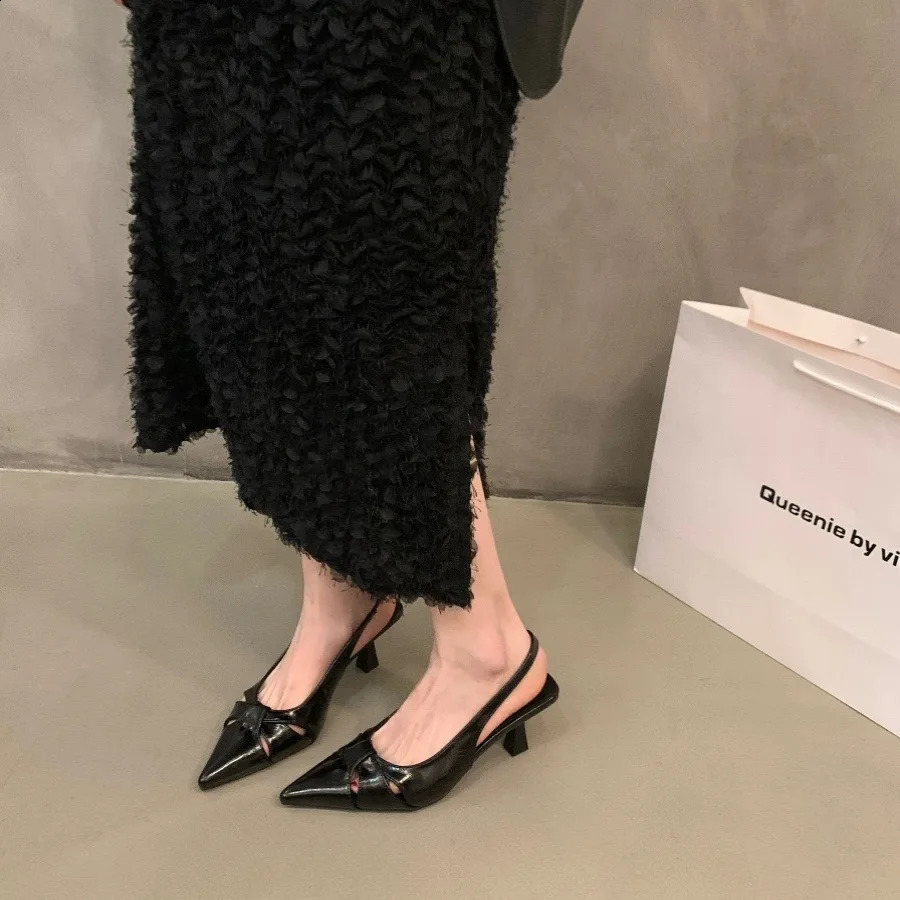 French Temperament Black High-heeled Baotou Sandals Women Summer Pointy Silver Single Shoes 250113