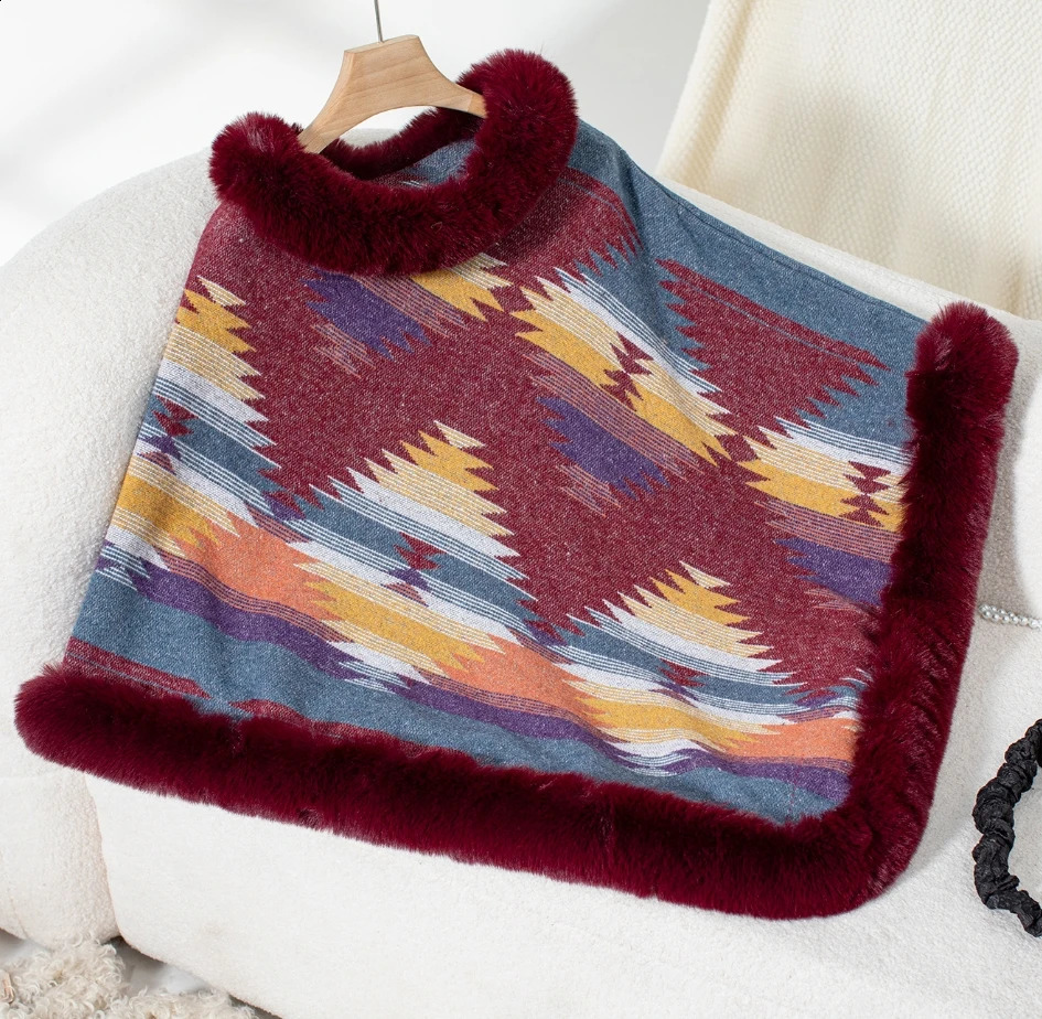 Elegant Cape Jacket Womens Hooded Shirt Winter Casual Cape Fur Collar Geometric Pattern Knitted Shawl Thick Coral Fleece Jacket 250121