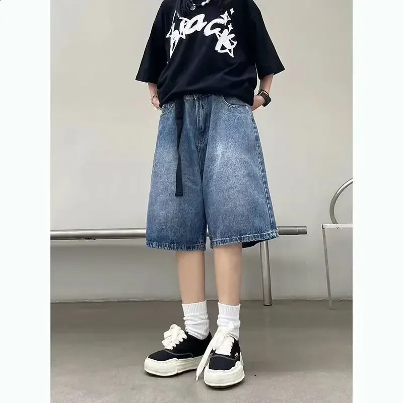 American Style Vintage Distressed Wide Leg Denim Shorts For Men Trendy Zip Up Ripped Style Casual Summer Pants 250113