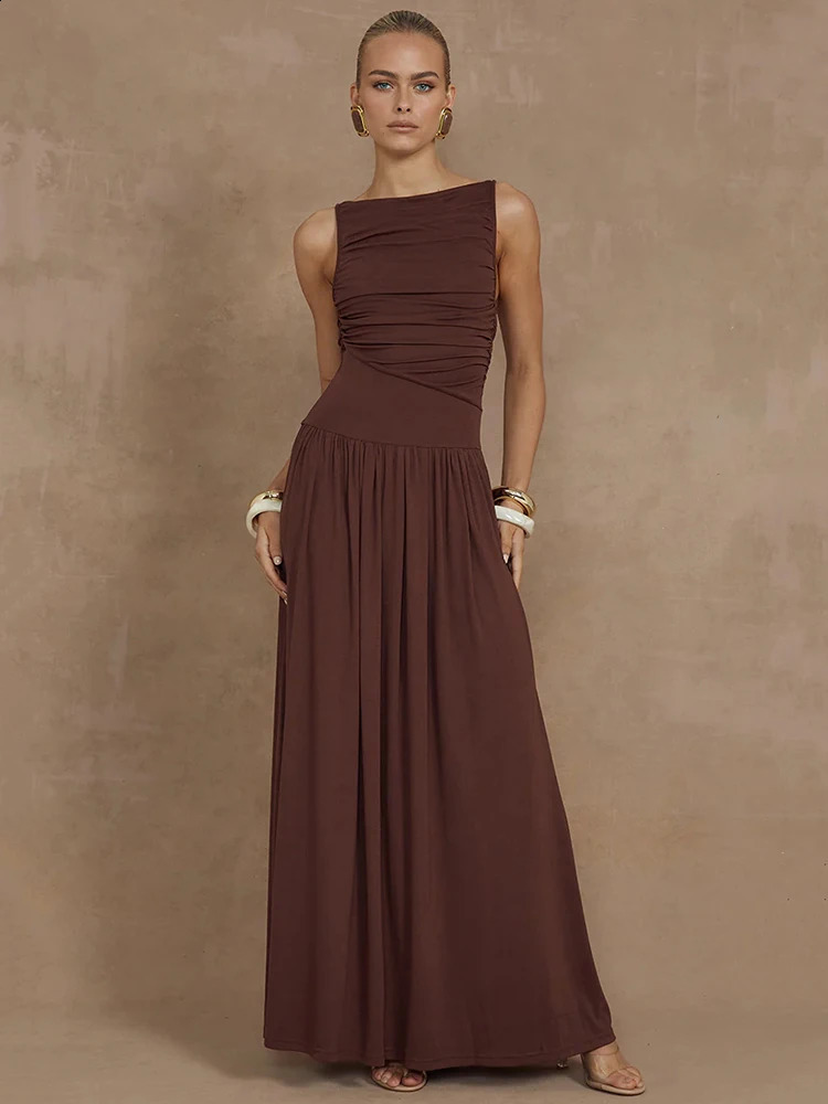 Mozision Elegant Sleeveless Maxi Dress For Women Fashion Solid Boat Neck Tank Dresses Ladies Sexy Ruched Long Dress Gown 250121