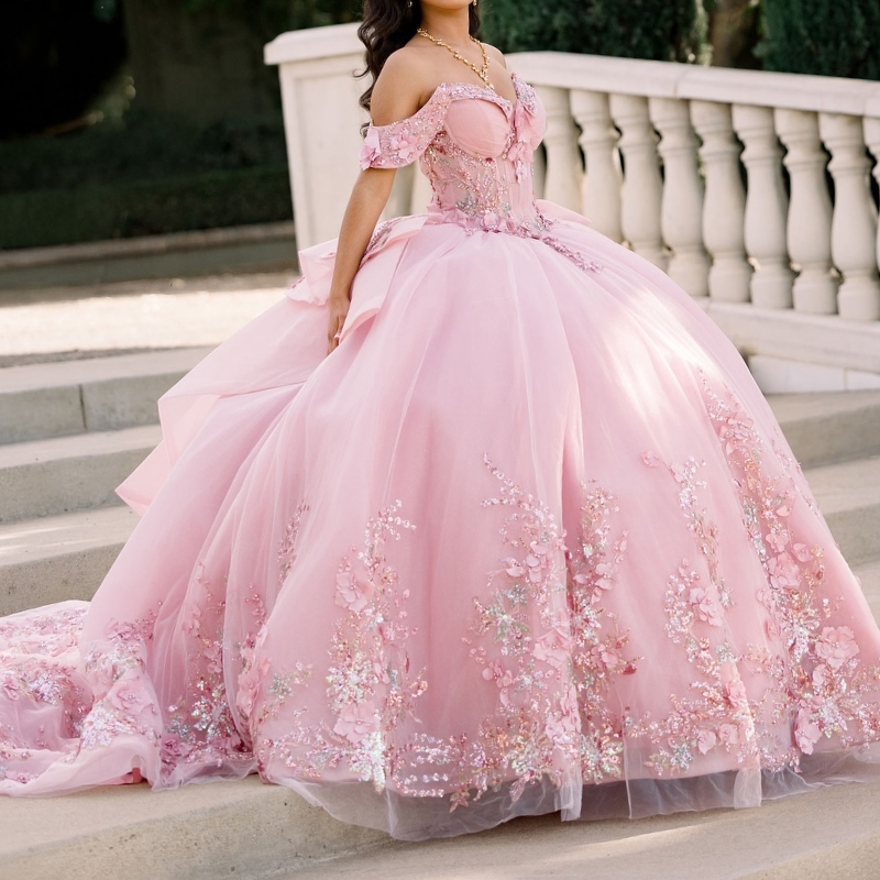 Pink Quinceanera Dresses Ball Gown Off The Shoulder Sequin Applique Lace Flower Beads Tull Party Birthday Sweet 16 Dress Vestidos 15 De