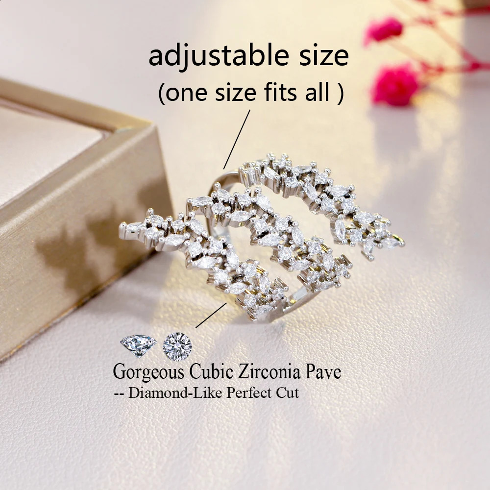 CWWZircons Adjustable Multiple Cubic Zirconia Leaf Shape Big Long Wrap Finger Ring for Women y CZ Wedding Jewelry Gift R232 250109