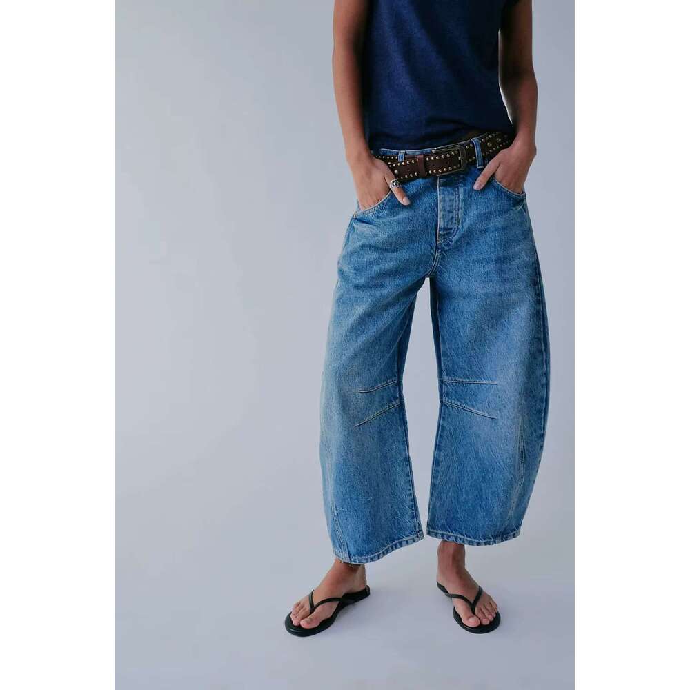 Free Shipping American Style Denim Splice Design Straight Pants People Boho Loose Mid Waist Trousers Cropped Jeans