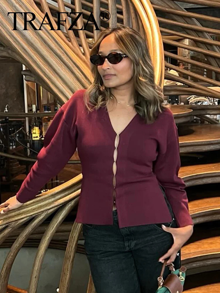 TRAFZA Women Elegant Knitted Coats Fashion Burgundy Red V-neck Slim Cardigan Autumn Office Lady Chic Solid Long Sleeve Outerwear 250116