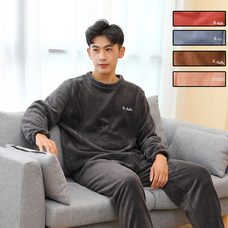 Thickened Warm Men Coral Velvet Pajamas Autumn Winter Homewear Long-Sleeved Long Trousers Solid Soft Sleepwear 2PCS/Set Couple 250108