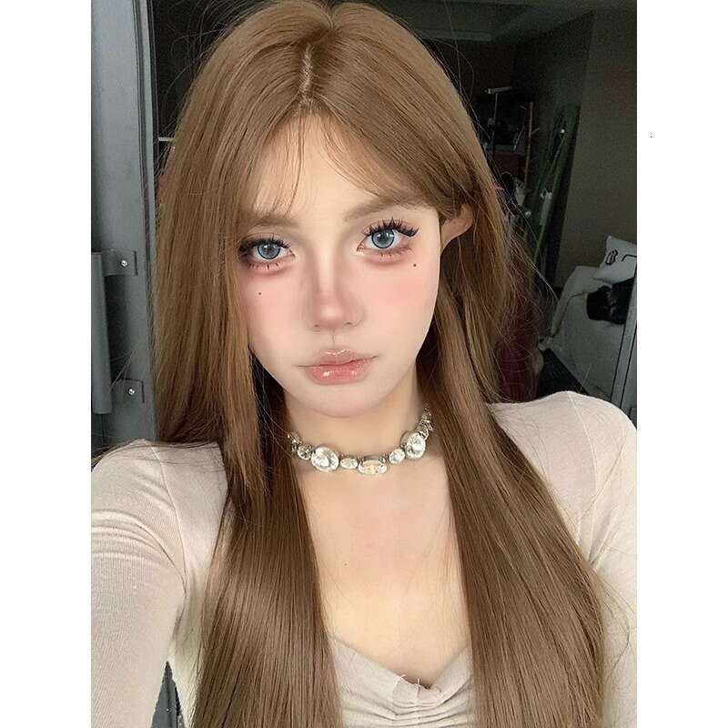 Lace Front Wig Cover T Shape Koni Overseas Good Girl Wig Female Daily Internet Celebrity Long Hair One Word Front Lace Middle Split Full Headset