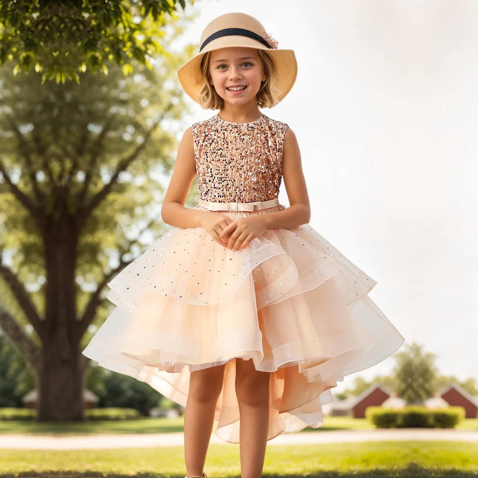 Flower Girls Princess Sequins Baby Wedding Christmas Party Trailing Dress Teenager Children Kids Elegant Vestidos for 3-15Years 250117
