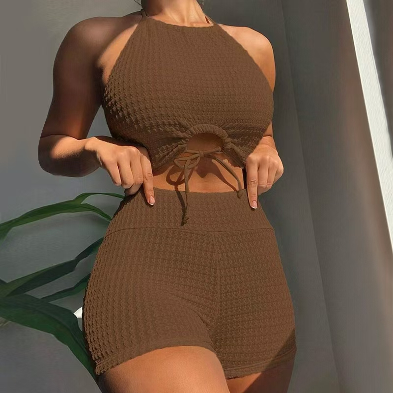 Shorts High Waist Bikini 2025 Women Beach Sport Bikinis Push Up Vintage High Neck Swimwear Textured Swimsuit Solid Colors Swimming Bathing Suit Modest