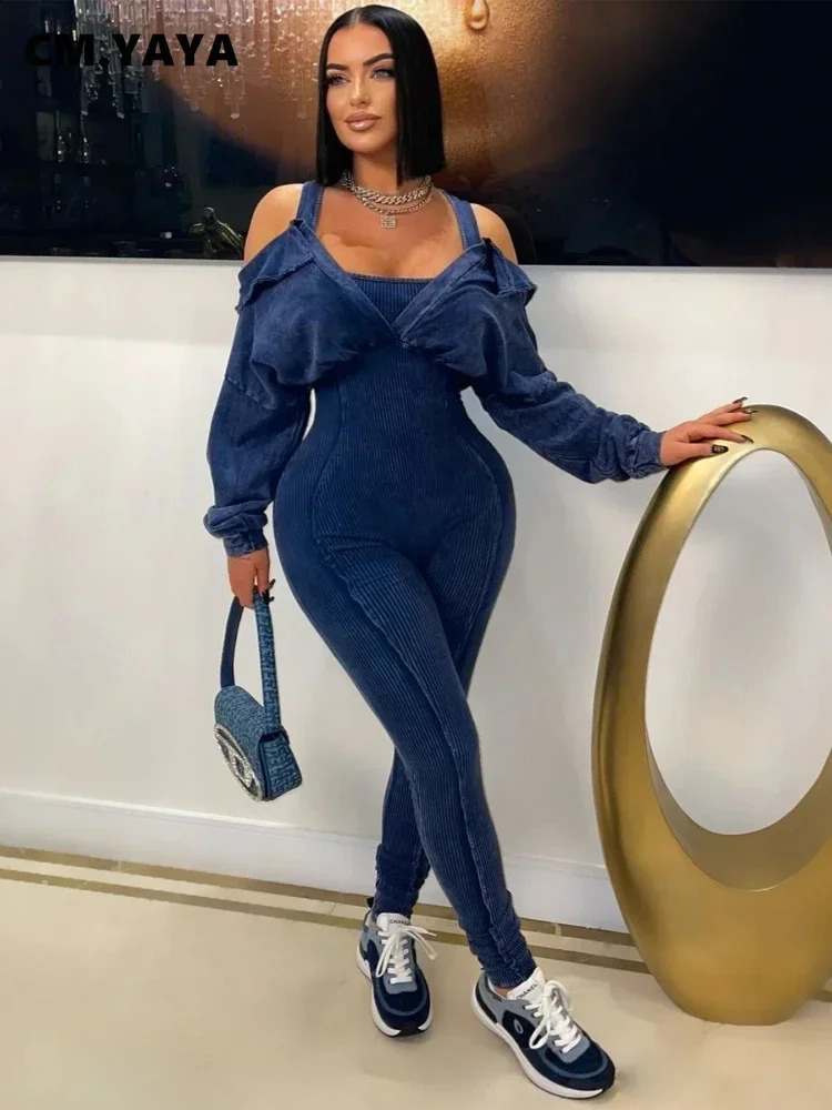 CM.YAYA Fashion Women Knit Ribbed Long Sleeve Moto Biker Jumpsuits Strap Autumn Washed Streetwear Slim One Piece Suit Romper 250109