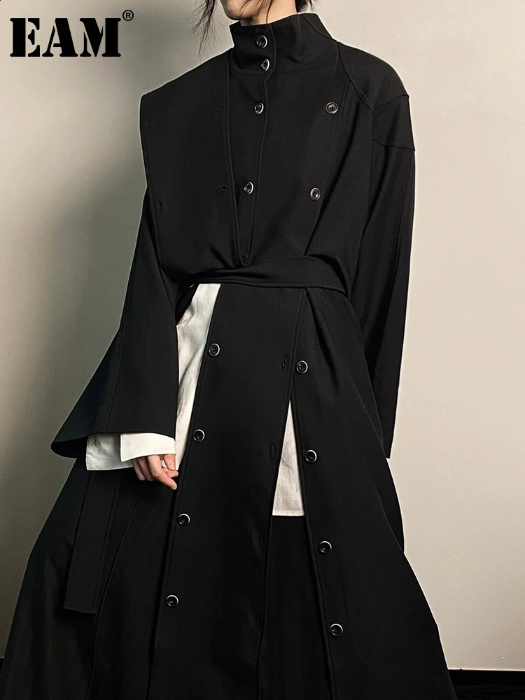 EAM Women Black Irregular Slit Big Size Trench Stand Collar Long Sleeve Windbreaker Fashion Spring Autumn 2025 1DH0755 250118