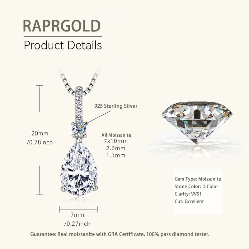 RAPRGOLD GRA Certified Pear Cut Pendant Necklaces for Women 925 Sterling Silver Chains Wedding Jewelry Gifts Collares 250121