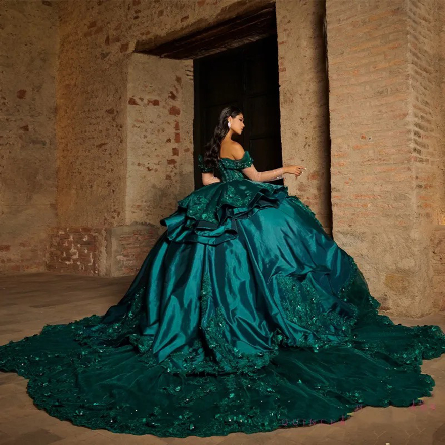 Blackish Green Shiny Quinceanera Off Shoulder Applique wer Crystal Beaded Corset Dresses for 15 year anniversary