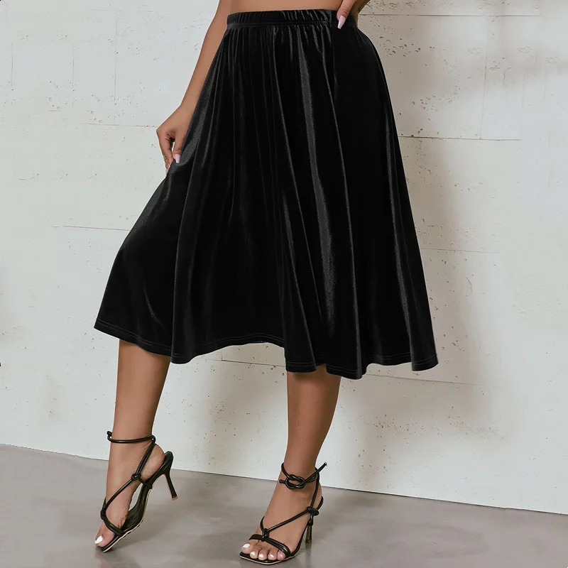 Plus Size High Elastic Waist Velvet Skirt Women Solid Black Spring Autumn Midi Party Aline Flare Large 6XL 7XL 250122