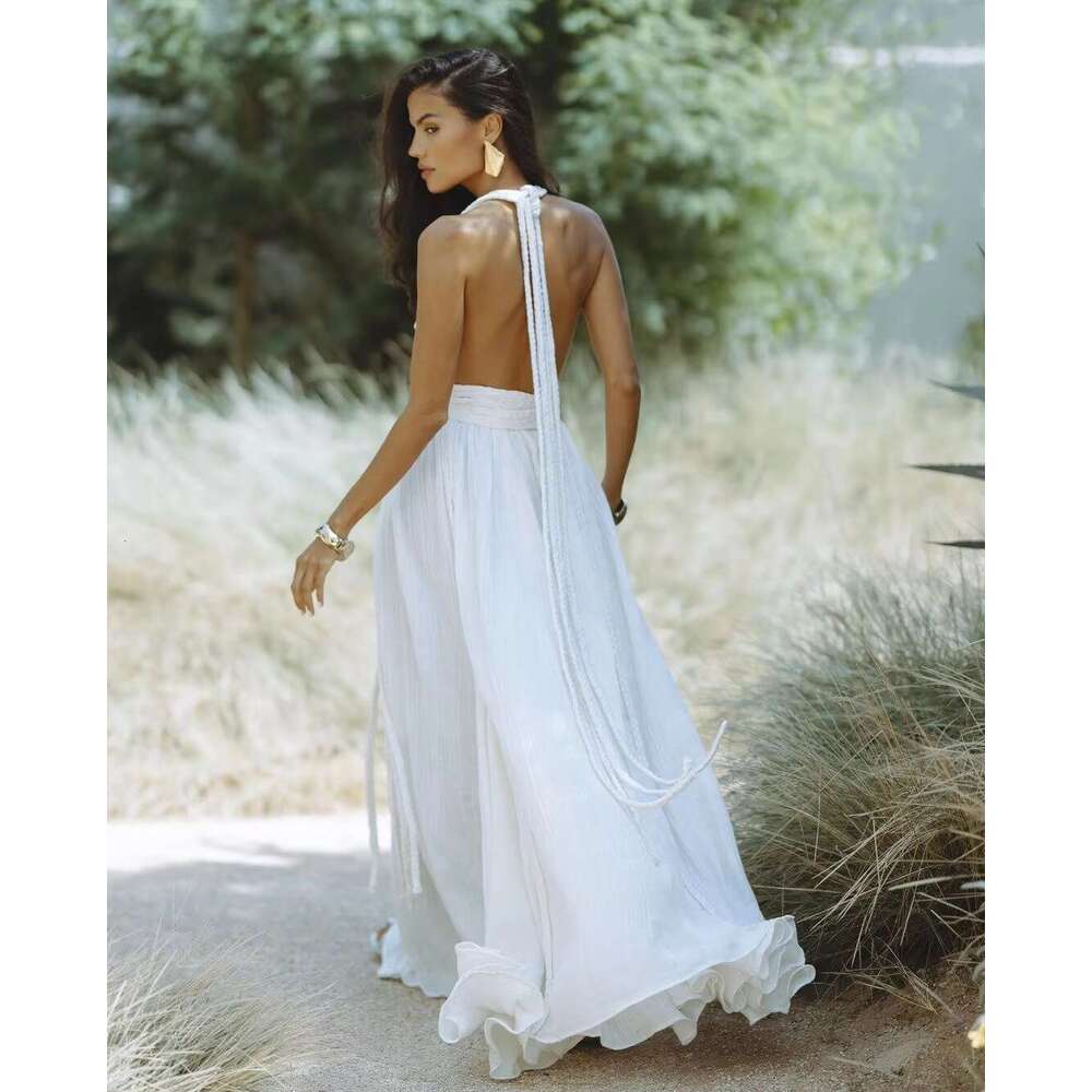 Solid Color Bandage Maxi Dress Sleeveless Open Back Holiday Vestidos Female Deep V Neck Backless Halter Dresses